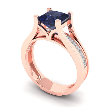 2.28 cttw Princess Cut Simulated Blue Sapphire Bridal Set - Solid Rose Gold Engagement Ring & Wedding Band