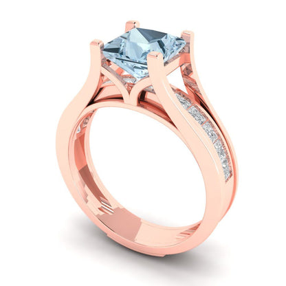 2.28 cttw Princess Cut Natural Sky Blue Topaz Bridal Set - Solid Rose Gold Engagement Ring & Wedding Band