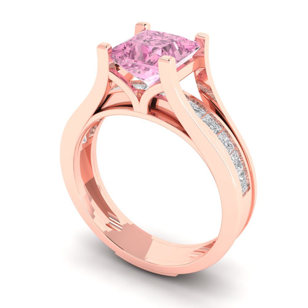2.28 cttw Princess Cut Simulated Pink Diamond Bridal Set - Solid Rose Gold Engagement Ring & Wedding Band