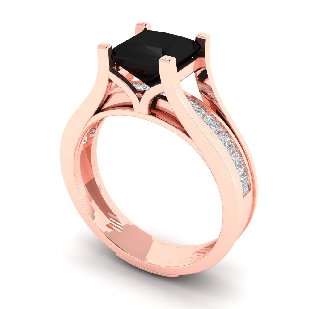2.28 cttw Princess Cut Natural Onyx Bridal Set - Solid Rose Gold Engagement Ring & Wedding Band