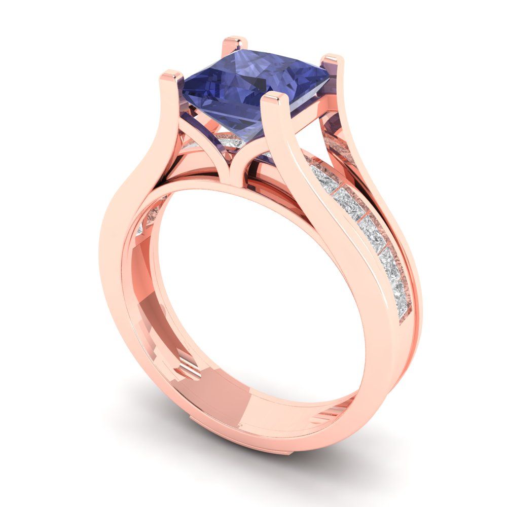 2.28 cttw Princess Cut Simulated Tanzanite Bridal Set - Solid Rose Gold Engagement Ring & Wedding Band