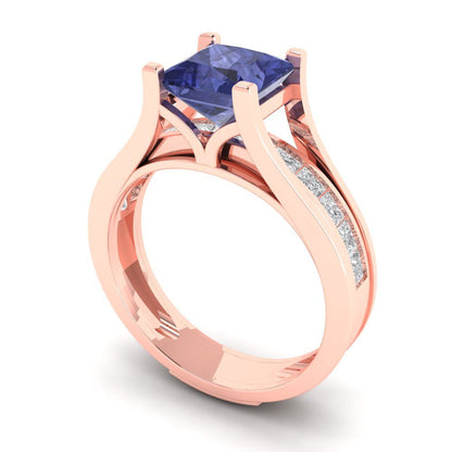 2.28 cttw Princess Cut Simulated Tanzanite Bridal Set - Solid Rose Gold Engagement Ring & Wedding Band