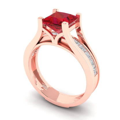 2.28 cttw Princess Cut Simulated Ruby Bridal Set - Solid Rose Gold Engagement Ring & Wedding Band