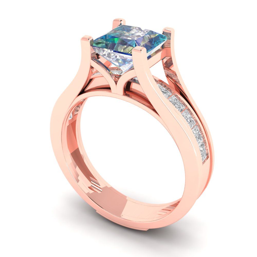 2.28 cttw Princess Cut Blue Moissanite Bridal Set - Solid Rose Gold Engagement Ring & Wedding Band
