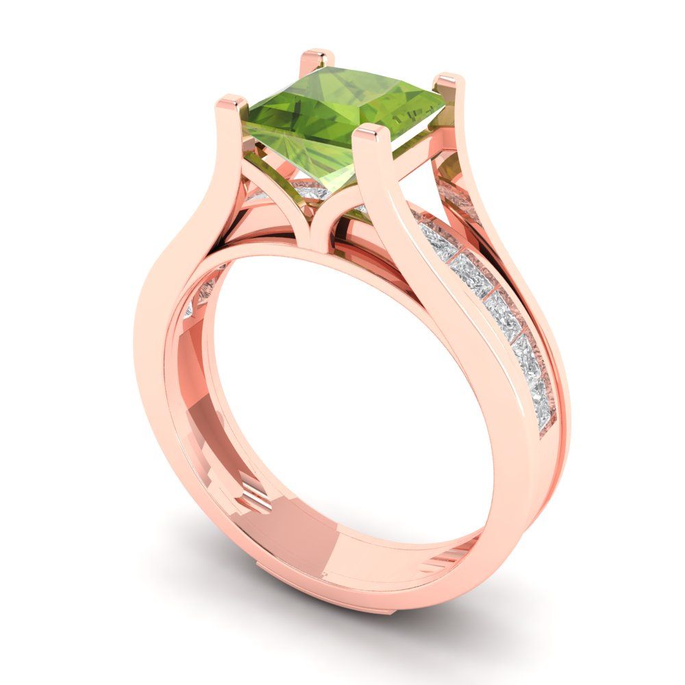 2.28 cttw Princess Cut Natural Peridot Bridal Set - Solid Rose Gold Engagement Ring & Wedding Band