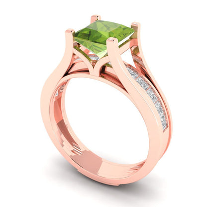2.28 cttw Princess Cut Natural Peridot Bridal Set - Solid Rose Gold Engagement Ring & Wedding Band
