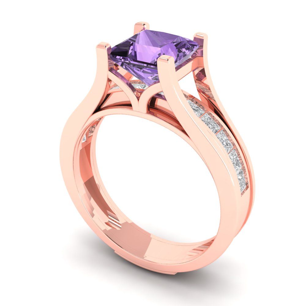 2.28 cttw Princess Cut Simulated Alexandrite Bridal Set - Solid Rose Gold Engagement Ring & Wedding Band
