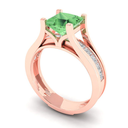 2.28 cttw Princess Cut Simulated Green Diamond Bridal Set - Solid Rose Gold Engagement Ring & Wedding Band