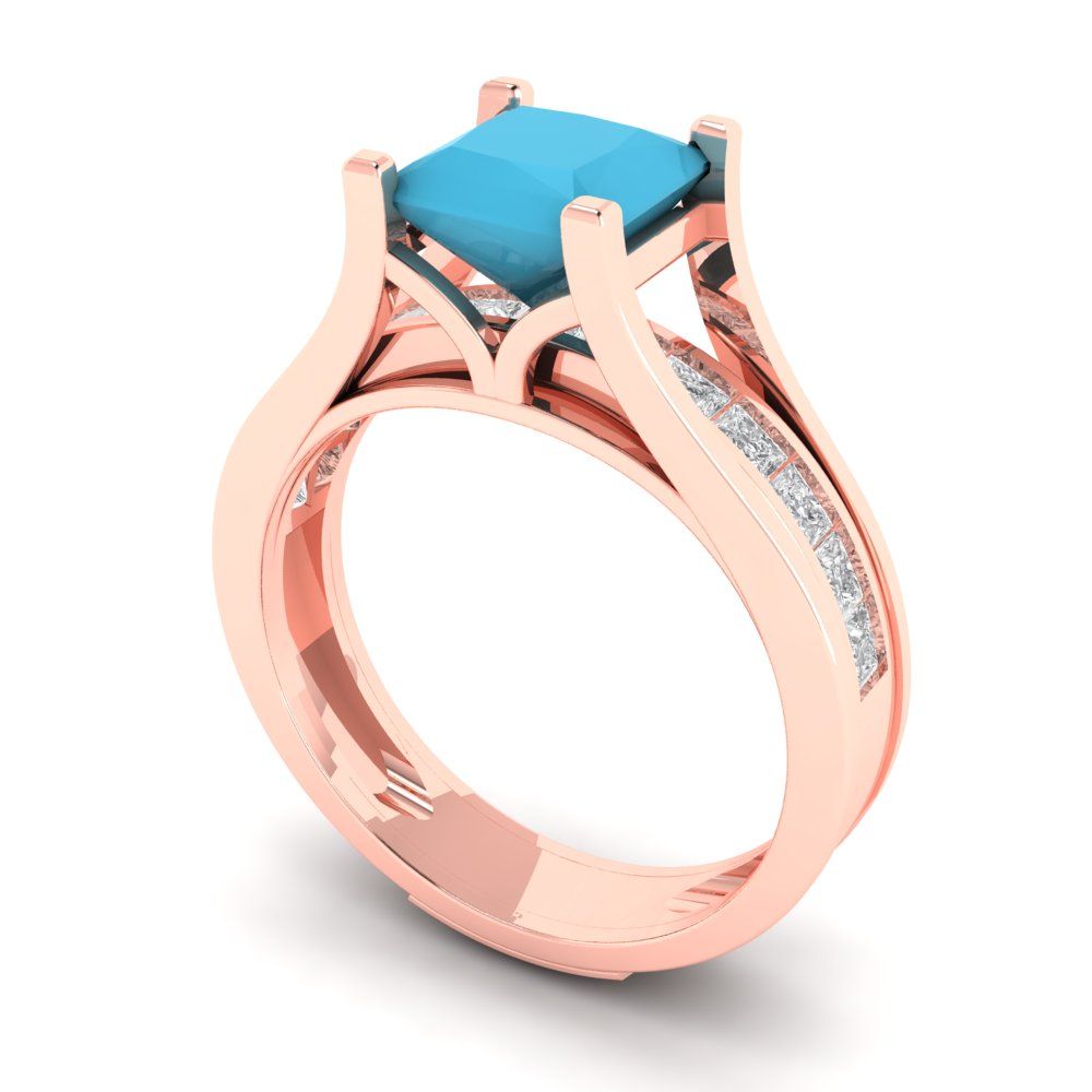 2.28 cttw Princess Cut Simulated Turquoise Bridal Set - Solid Rose Gold Engagement Ring & Wedding Band