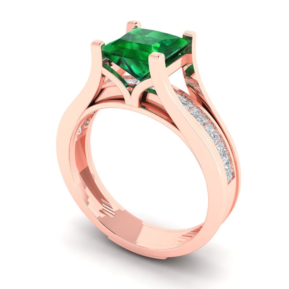 2.28 cttw Princess Cut Simulated Emerald Bridal Set - Solid Rose Gold Engagement Ring & Wedding Band