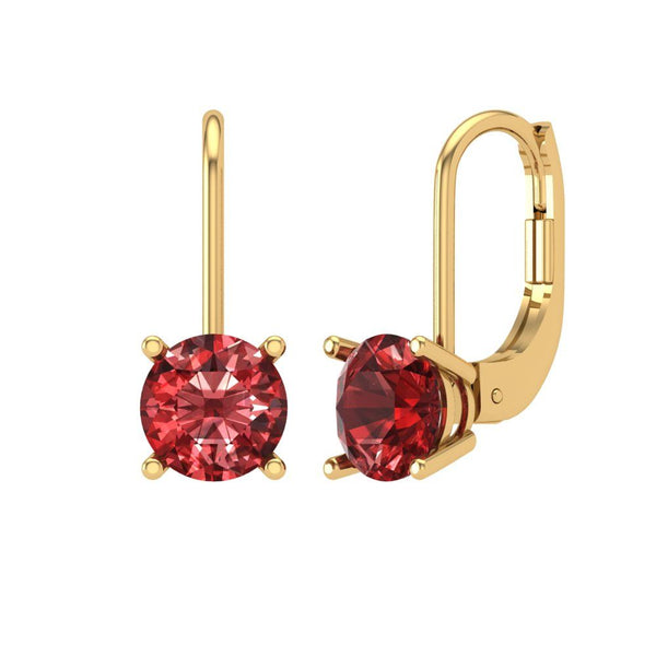 2 ct Brilliant Round Cut Drop Dangle Natural Garnet Stone Yellow Gold Earrings Lever Back
