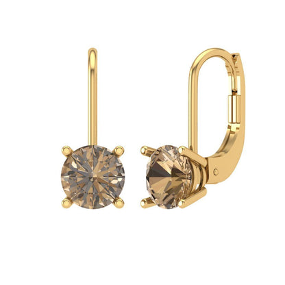2 ctw Champagne Drop Dangle Earrings | 6.5mm Round Cut White Gold Lever Back | April Birthstone