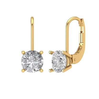 2 ctw Moissanite Drop Dangle Earrings | 6.5mm Round Cut White Gold Lever Back | April Birthstone