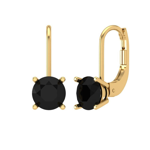 2 ct Brilliant Round Cut Drop Dangle Natural Onyx Stone Yellow Gold Earrings Lever Back