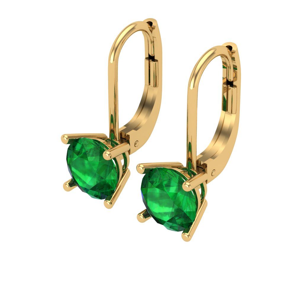2 ctw Emerald Drop Dangle Earrings | 6.5mm Round Cut White Gold Lever Back | May Birthstone