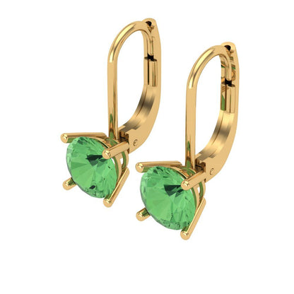 2 ctw Green Zirconia Drop Dangle Earrings | 6.5mm Round Cut White Gold Lever Back | April Birthstone