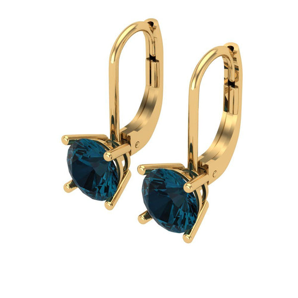 2 ct Brilliant Round Cut Drop Dangle Natural London Blue Topaz Stone Yellow Gold Earrings Lever Back