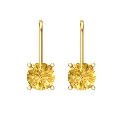 2 ctw Citrine Drop Dangle Earrings | 6.5mm Round Cut White Gold Lever Back | November Birthstone