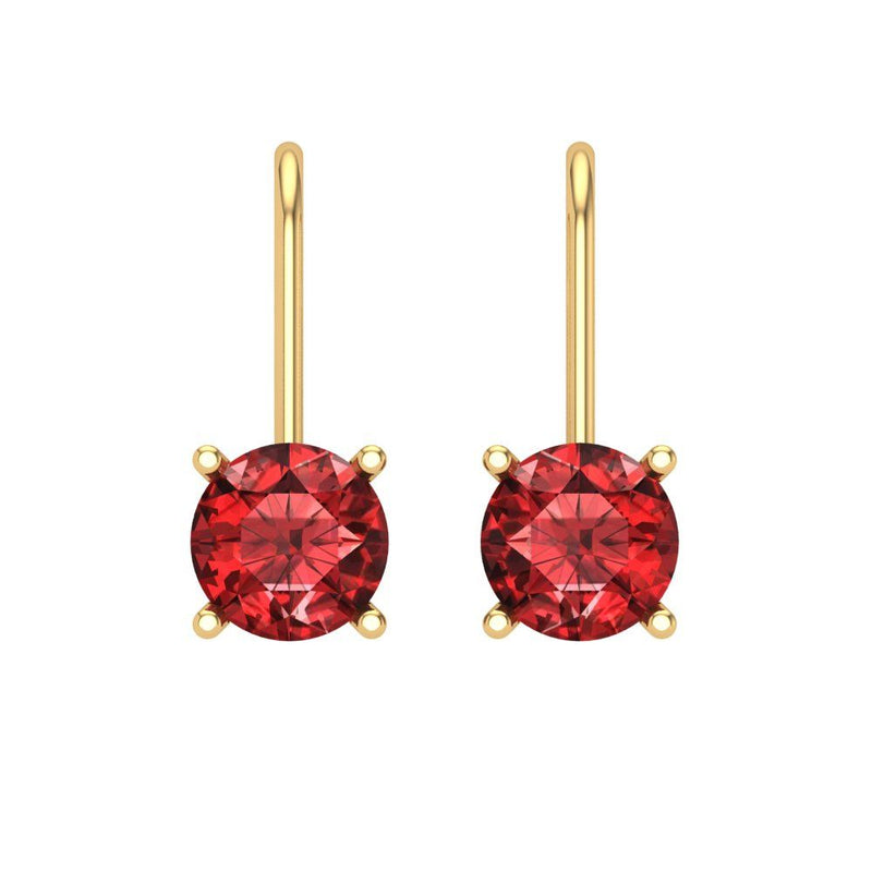 2 ct Brilliant Round Cut Drop Dangle Natural Garnet Stone Yellow Gold Earrings Lever Back
