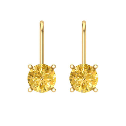 2 ctw Yellow Zirconia Drop Dangle Earrings | 6.5mm Round Cut White Gold Lever Back | April Birthstone