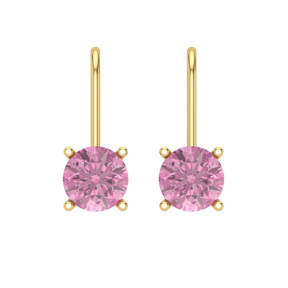 2 ctw Pink Zirconia Drop Dangle Earrings | 6.5mm Round Cut White Gold Lever Back | April Birthstone