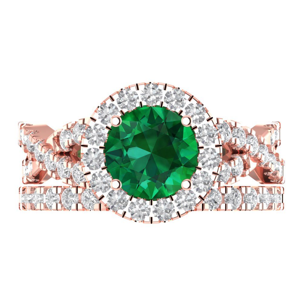 1.795 cttw Round Cut Simulated Emerald Bridal Set - Solid Rose Gold Engagement Ring & Wedding Band