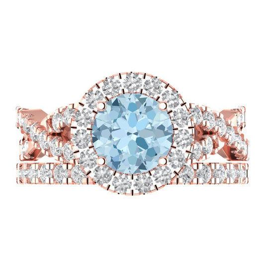 1.795 cttw Round Cut Natural Aquamarine Bridal Set - Solid Rose Gold Engagement Ring & Wedding Band