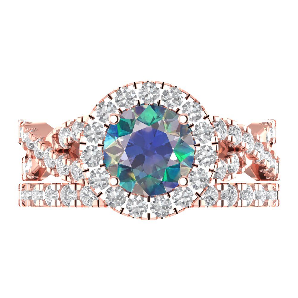 1.795 cttw Round Cut Blue Moissanite Bridal Set - Solid Rose Gold Engagement Ring & Wedding Band