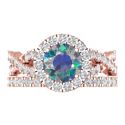 1.795 cttw Round Cut Blue Moissanite Bridal Set - Solid Rose Gold Engagement Ring & Wedding Band