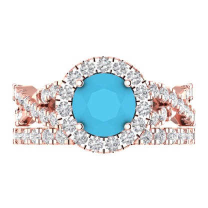 1.795 cttw Round Cut Simulated Turquoise Bridal Set - Solid Rose Gold Engagement Ring & Wedding Band