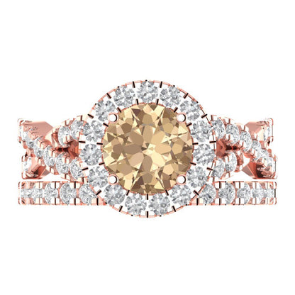 1.795 cttw Round Cut Yellow Moissanite Bridal Set - Solid Rose Gold Engagement Ring & Wedding Band