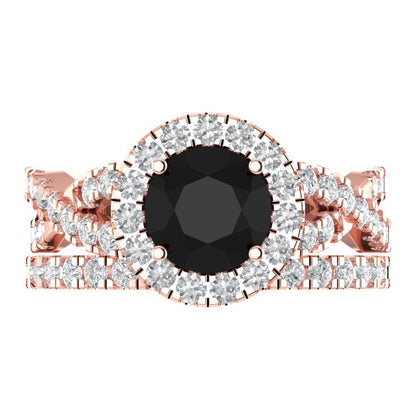 1.795 cttw Round Cut Natural Onyx Bridal Set - Solid Rose Gold Engagement Ring & Wedding Band