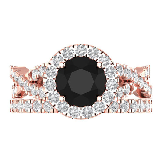 1.795 cttw Round Cut Natural Onyx Bridal Set - Solid Rose Gold Engagement Ring & Wedding Band