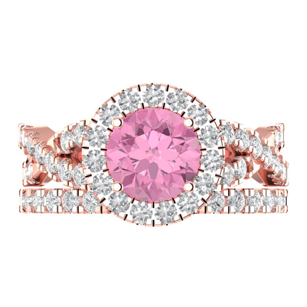 1.795 cttw Round Cut Simulated Pink Diamond Bridal Set - Solid Rose Gold Engagement Ring & Wedding Band