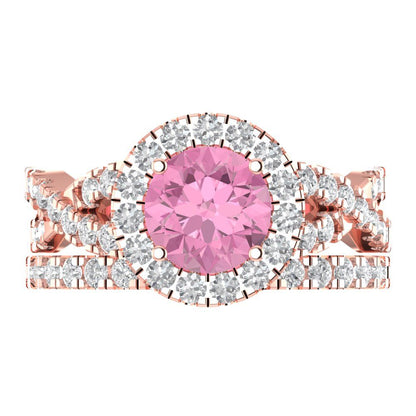 1.795 cttw Round Cut Simulated Pink Diamond Bridal Set - Solid Rose Gold Engagement Ring & Wedding Band