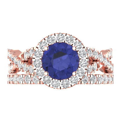 1.795 cttw Round Cut Simulated Tanzanite Bridal Set - Solid Rose Gold Engagement Ring & Wedding Band