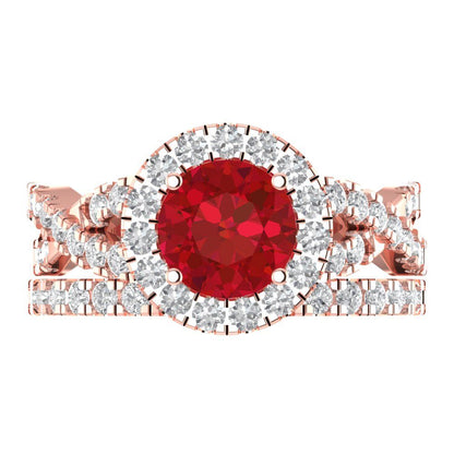 1.795 cttw Round Cut Simulated Ruby Bridal Set - Solid Rose Gold Engagement Ring & Wedding Band