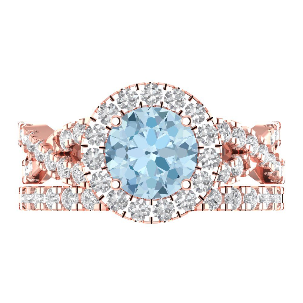 1.795 cttw Round Cut Natural Sky Blue Topaz Bridal Set - Solid Rose Gold Engagement Ring & Wedding Band