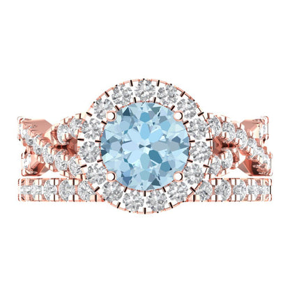 1.795 cttw Round Cut Natural Sky Blue Topaz Bridal Set - Solid Rose Gold Engagement Ring & Wedding Band