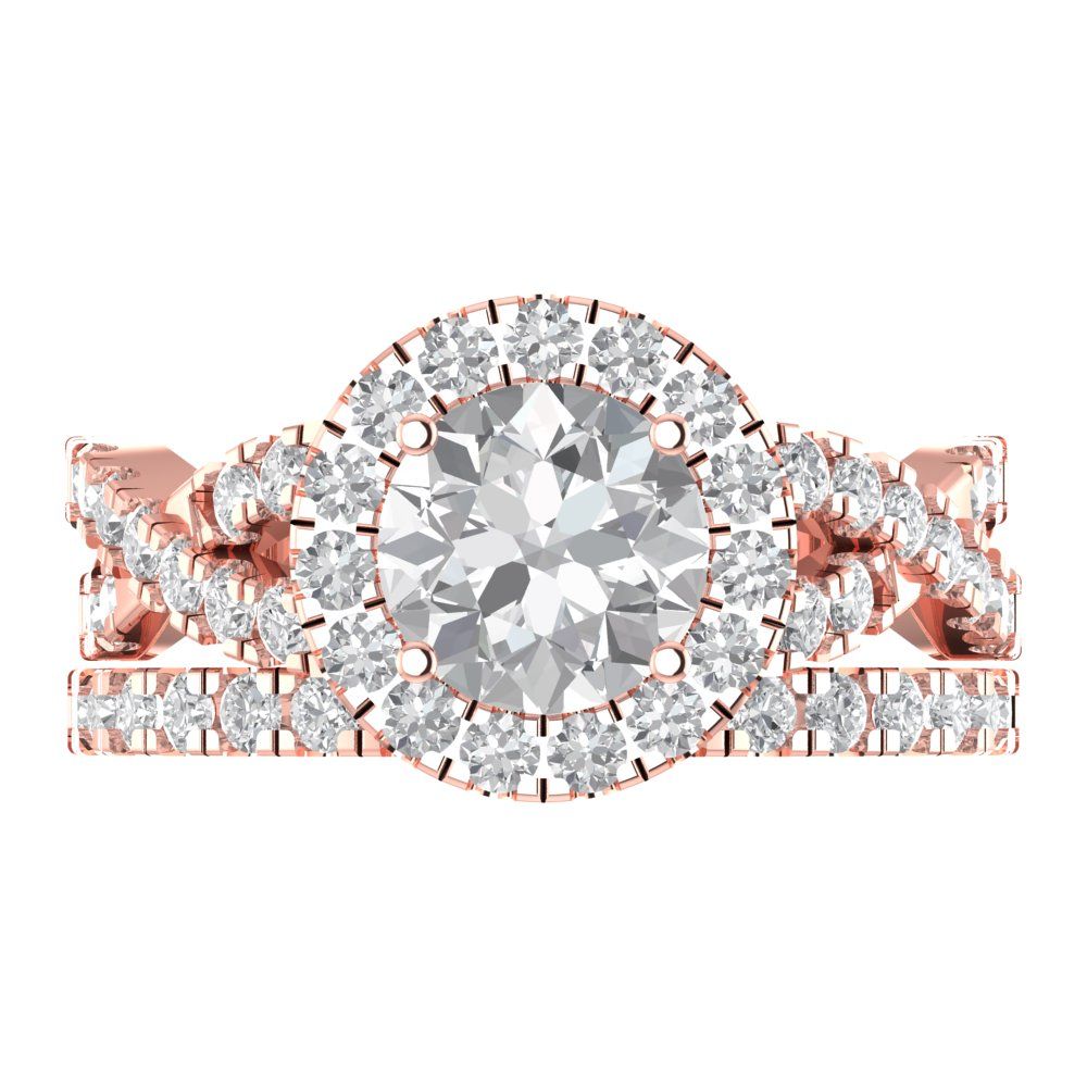 1.795 cttw Round Cut White Sapphire Bridal Set - Solid Rose Gold Engagement Ring & Wedding Band