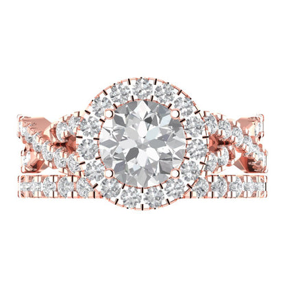 1.795 cttw Round Cut White Sapphire Bridal Set - Solid Rose Gold Engagement Ring & Wedding Band