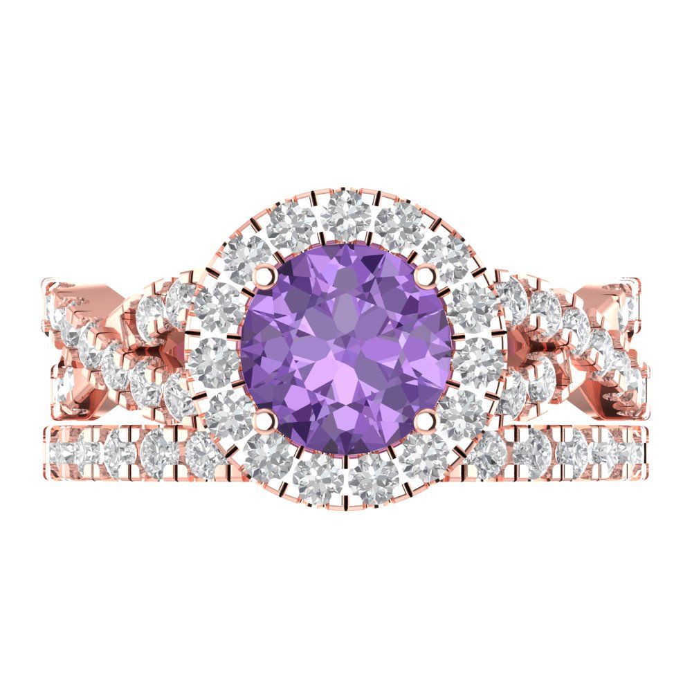 1.795 cttw Round Cut Simulated Alexandrite Bridal Set - Solid Rose Gold Engagement Ring & Wedding Band