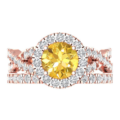 1.795 cttw Round Cut Natural Citrine Bridal Set - Solid Rose Gold Engagement Ring & Wedding Band