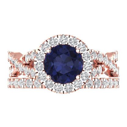 1.795 cttw Round Cut Simulated Blue Sapphire Bridal Set - Solid Rose Gold Engagement Ring & Wedding Band
