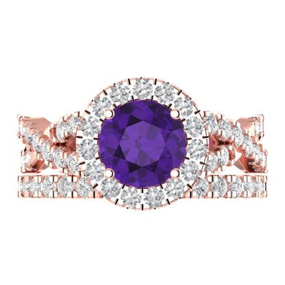 1.795 cttw Round Cut Natural Amethyst Bridal Set - Solid Rose Gold Engagement Ring & Wedding Band