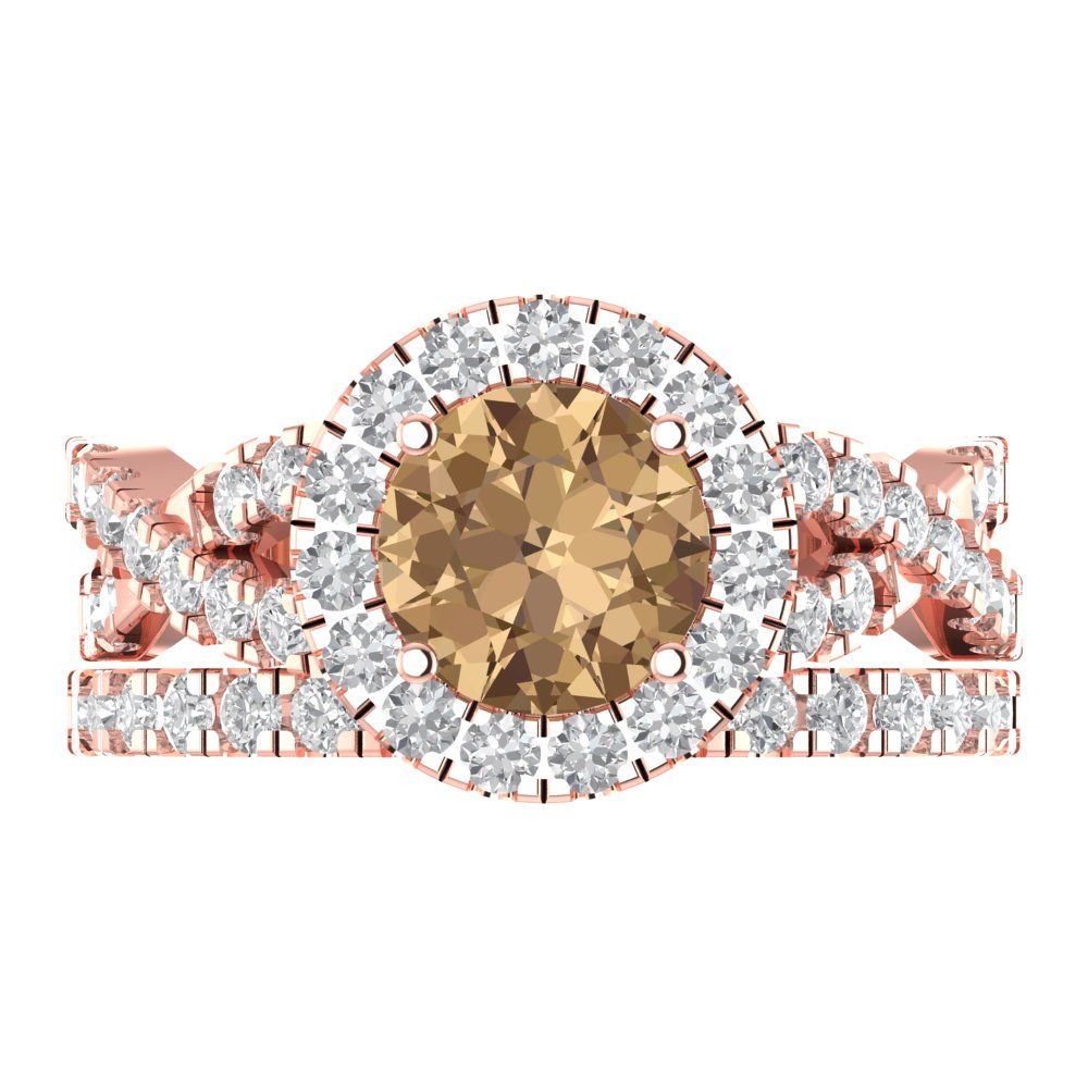 1.795 cttw Round Cut Simulated Champagne Diamond Bridal Set - Solid Rose Gold Engagement Ring & Wedding Band