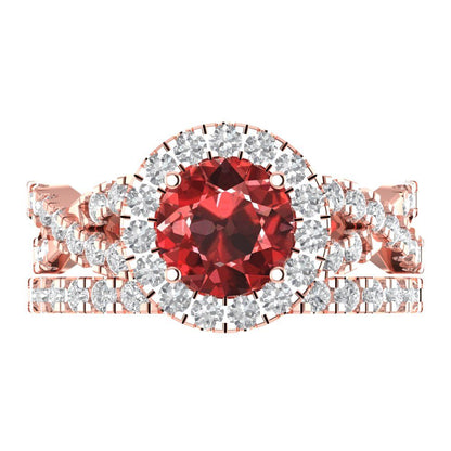 1.795 cttw Round Cut Natural Garnet Bridal Set - Solid Rose Gold Engagement Ring & Wedding Band