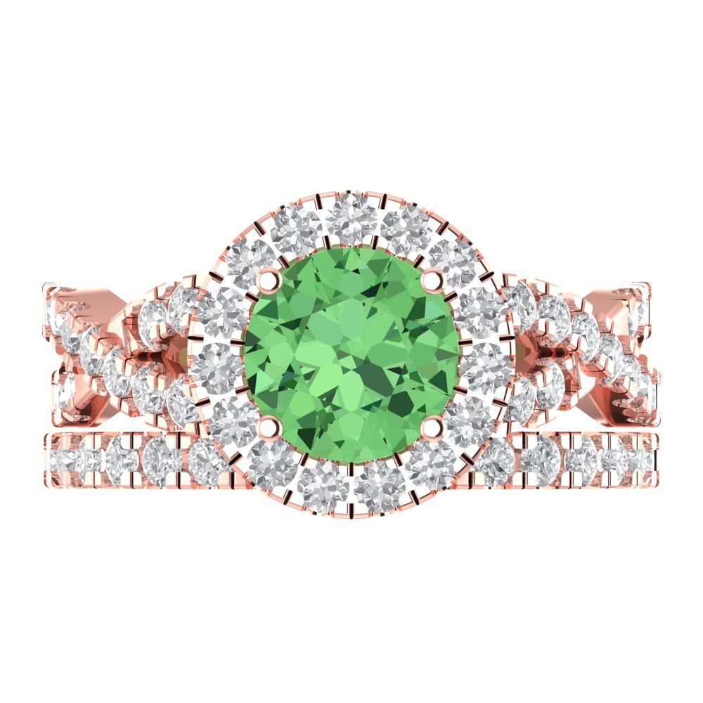 1.795 cttw Round Cut Simulated Green Diamond Bridal Set - Solid Rose Gold Engagement Ring & Wedding Band