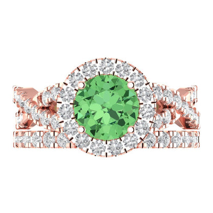 1.795 cttw Round Cut Simulated Green Diamond Bridal Set - Solid Rose Gold Engagement Ring & Wedding Band