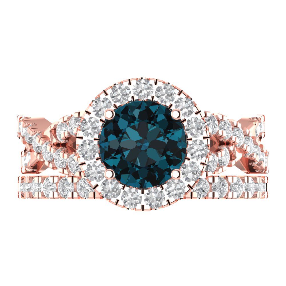 1.795 cttw Round Cut Natural London Blue Topaz Bridal Set - Solid Rose Gold Engagement Ring & Wedding Band